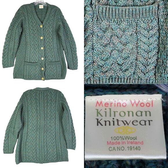 Kilronan Knitwear Cardigan Sweater Irish Merino Wool Cableknit Fisherman Medium - Picture 1 of 10